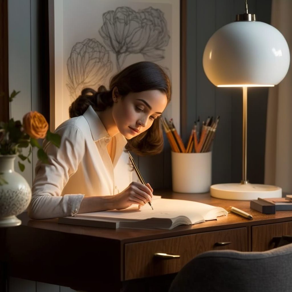a woman sitting at a desk writing down her goals to declutter her home