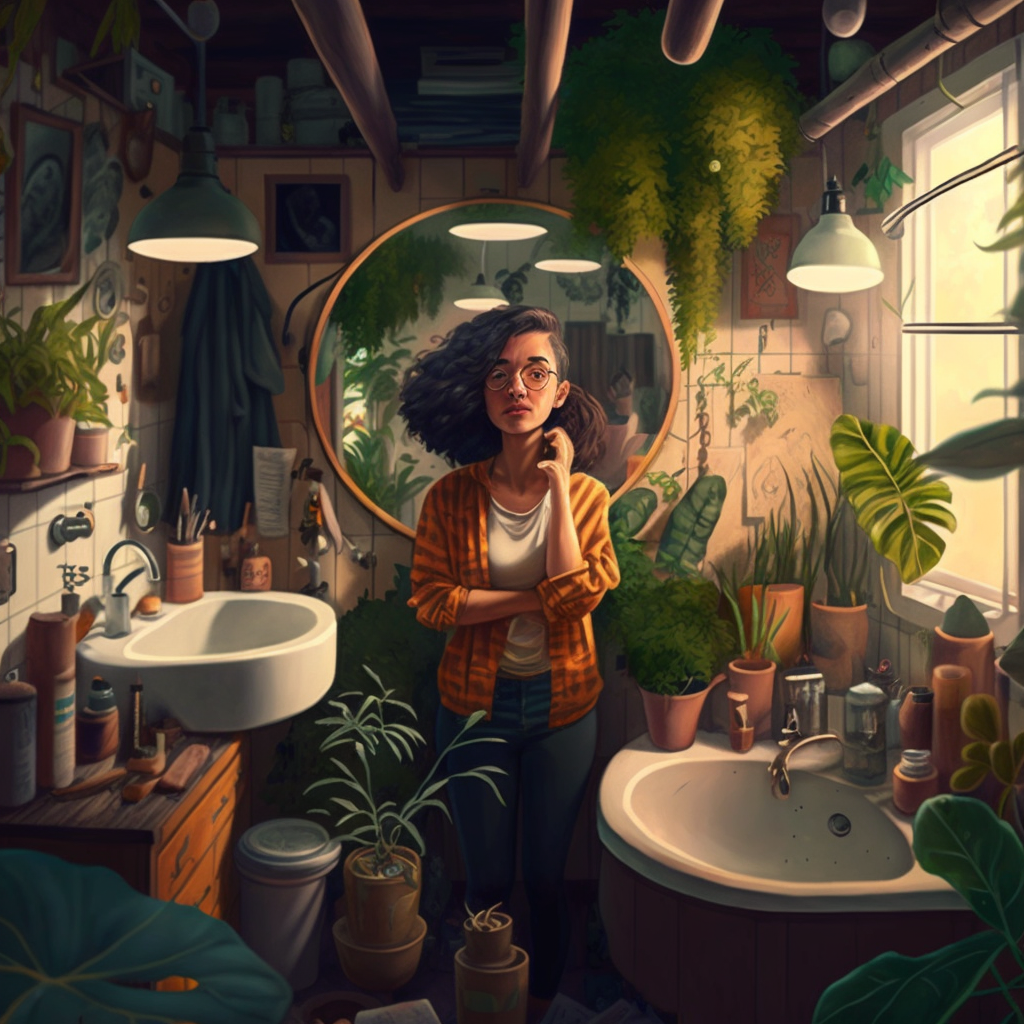 woman in a cluttered bathroom