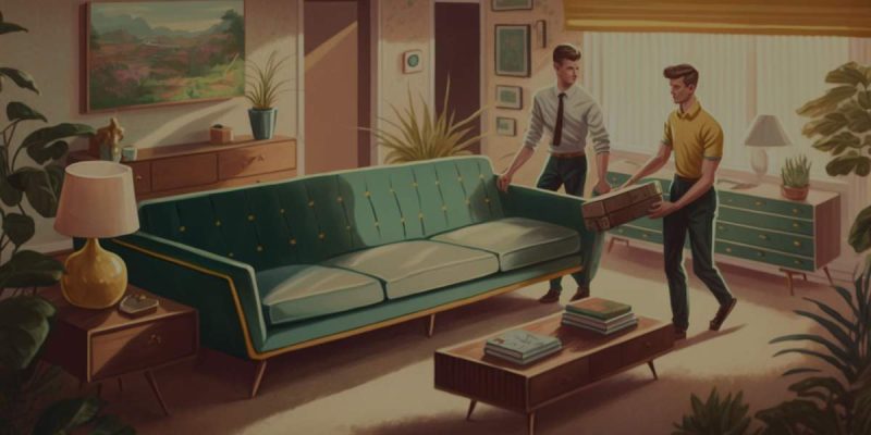 krylernick_2_happy_young_uniformed_men_moving_a_couch_mid-centu_f166c5e4-9342-496b-ae85-1298d5cba661 two workers removing a couch form a home