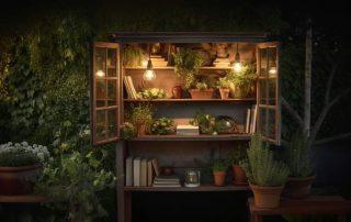 bookcase repurposed in a garden