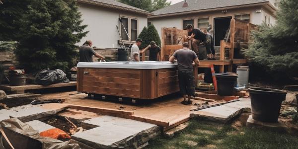 How many people do you need to lift a spa? 4 4 people getting ready to lift a spa