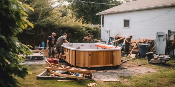 How many people do you need to lift a spa? 3 guys getting ready to lift a hot tub