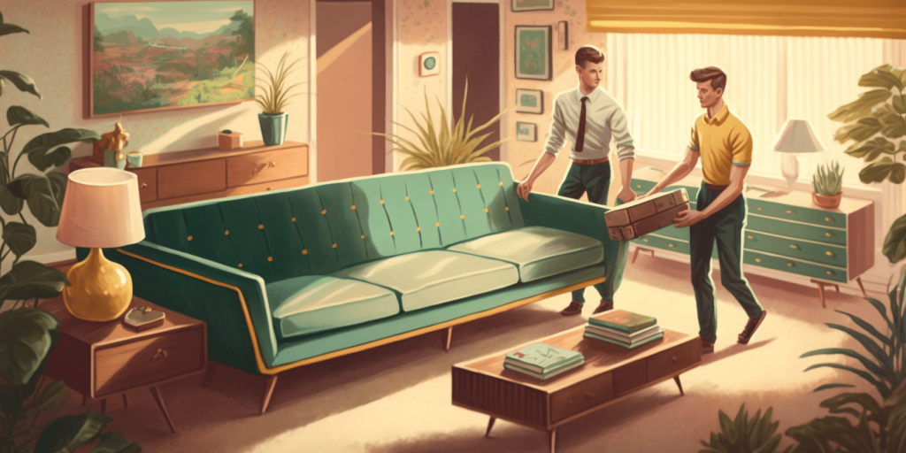 krylernick 2 happy young uniformed men moving a couch mid centu f166c5e4 9342 496b ae85 1298d5cba661