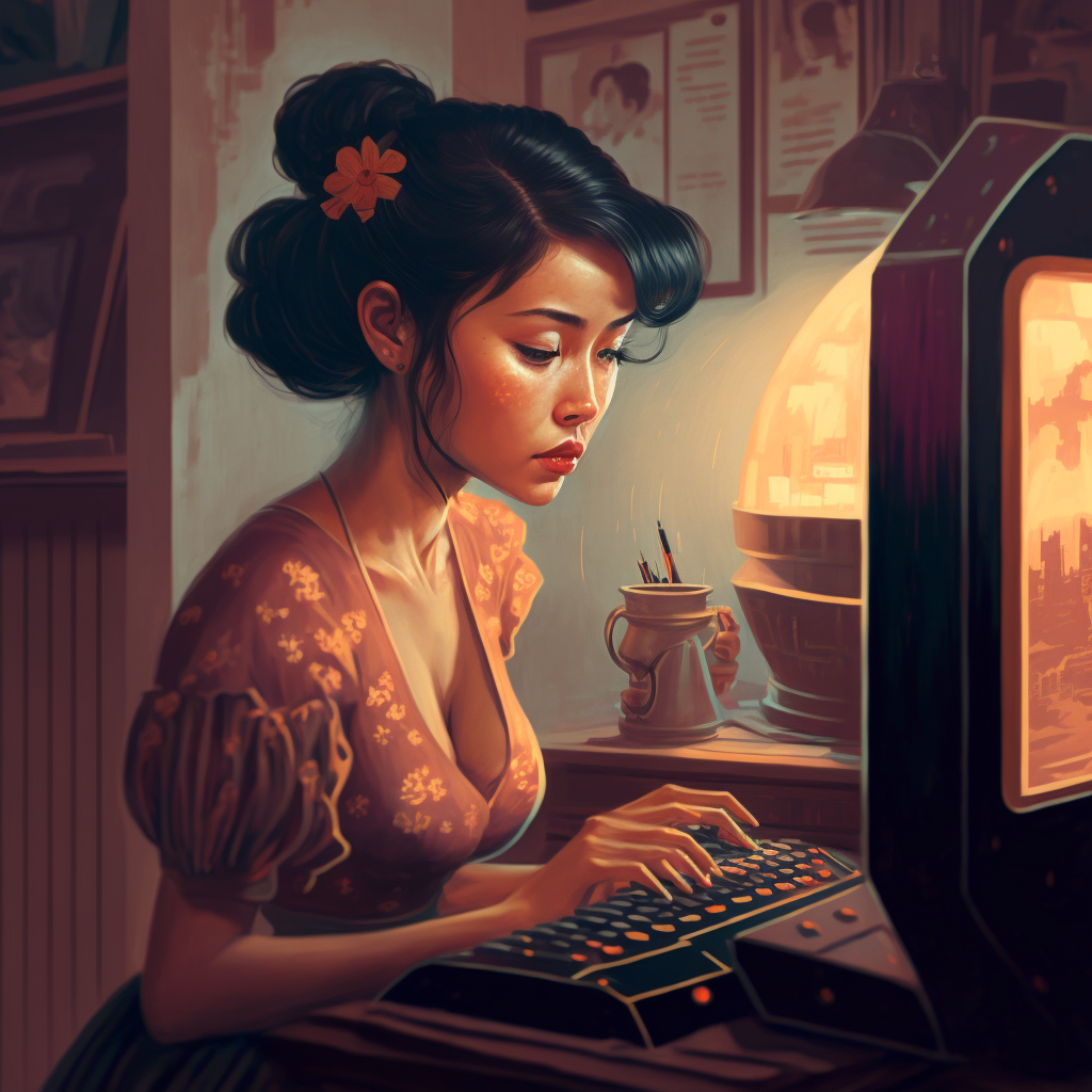 krylernick a stunningly beautiful asian woman typing on a vinta 2407aa9b 7a89 42dd b359 028acfebee8e